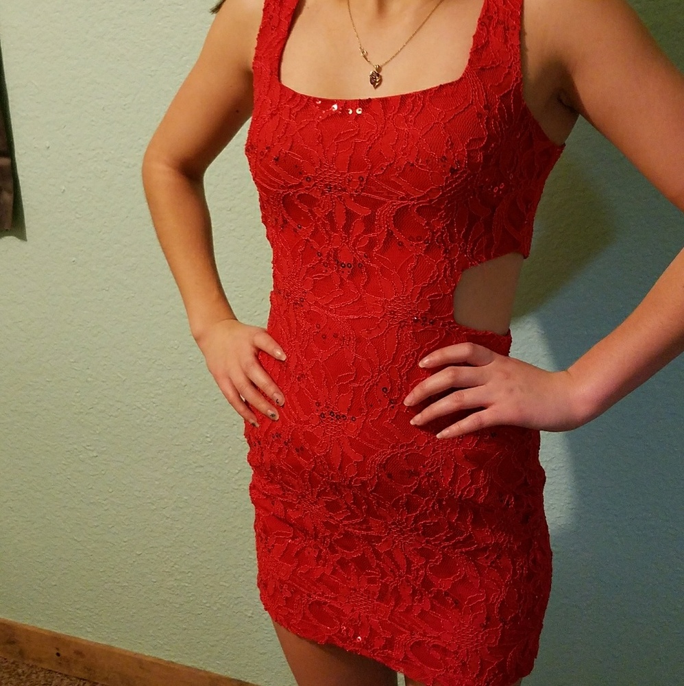 RED sequined dress