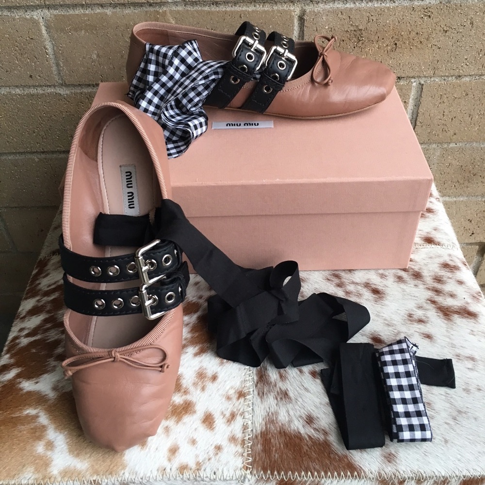 MIU MIU Double Strap Leather Lace-up Ballet Flats