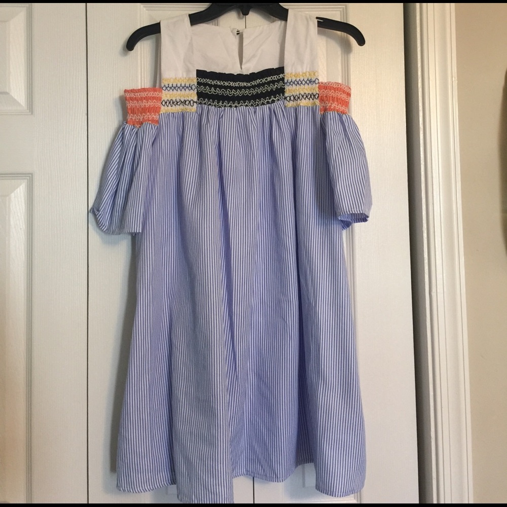 Adorable blue and white peek-a-boo shoulder dress