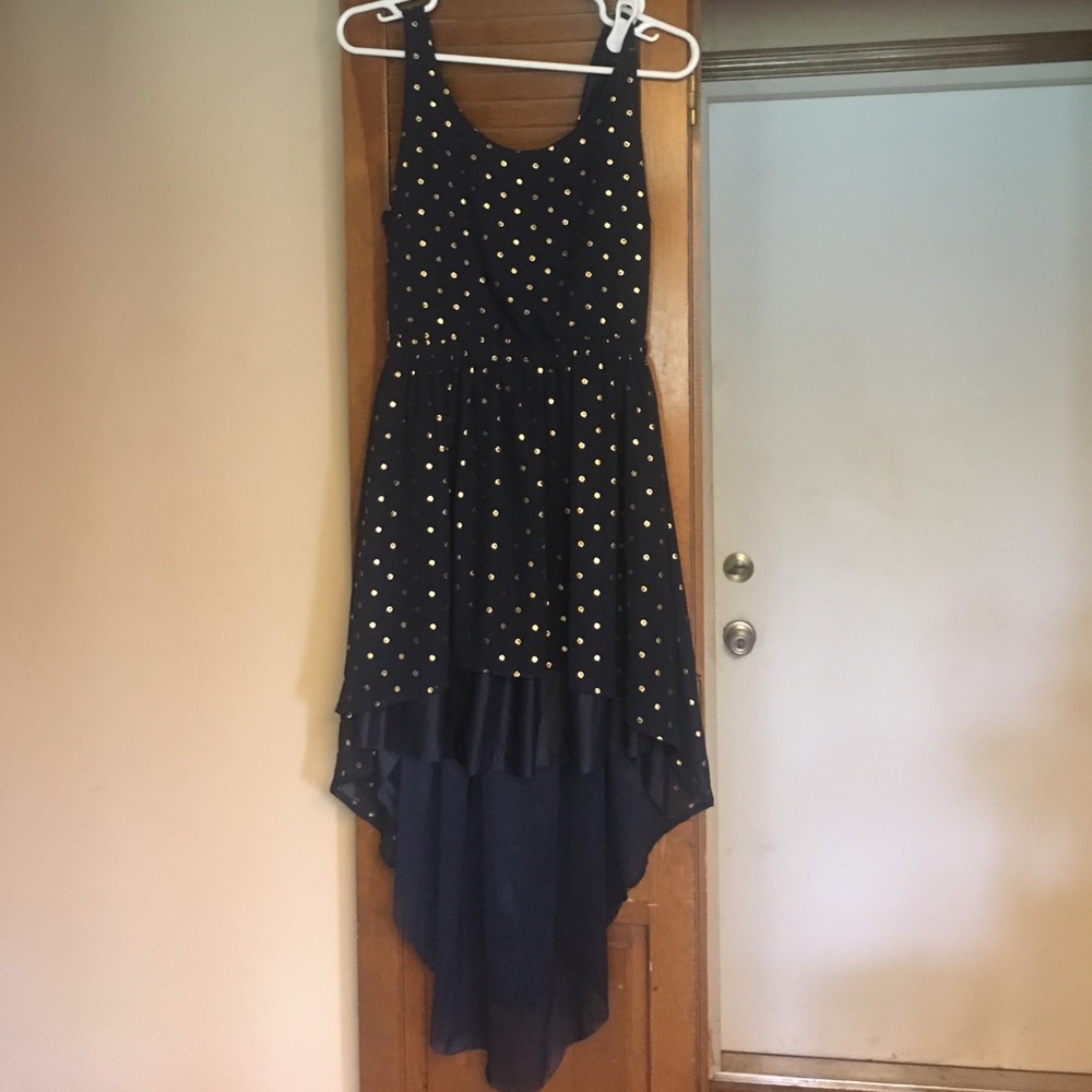 Blue high low dress with golden apple polka dots!