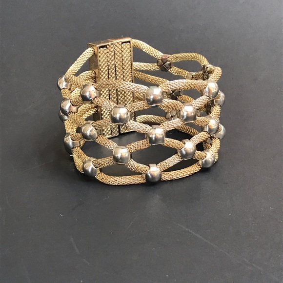 Goldtone Mesh 7.5” Bracelet w Silvertone Accents - Picture 2 of 6