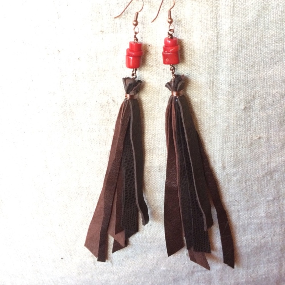 Handmade Coral and Leather Fringe Copper Earrings
