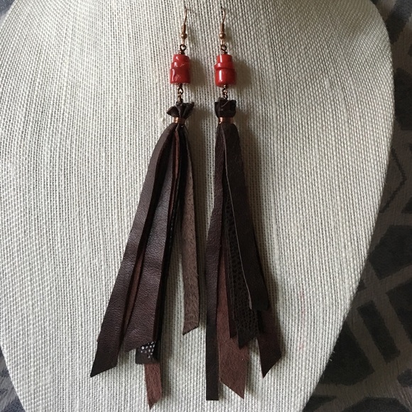 Handmade Coral and Leather Fringe Copper Earrings - Picture 2 of 5