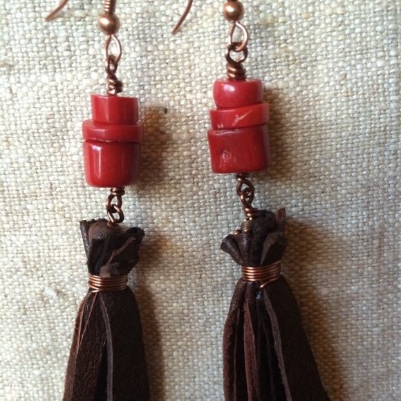Handmade Coral and Leather Fringe Copper Earrings - Picture 4 of 5