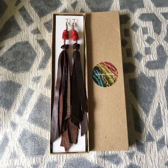 Handmade Coral and Leather Fringe Copper Earrings - Picture 5 of 5