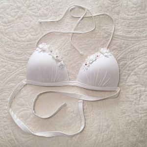 White swim top with wooden beads