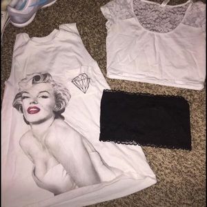 T shirt size M. white crop top L.