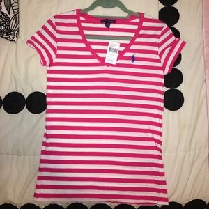 Ralph Lauren pink/white striped v-neck