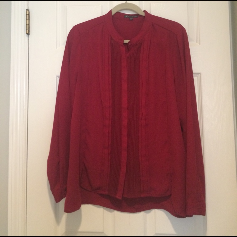 Red formal top. Business attire