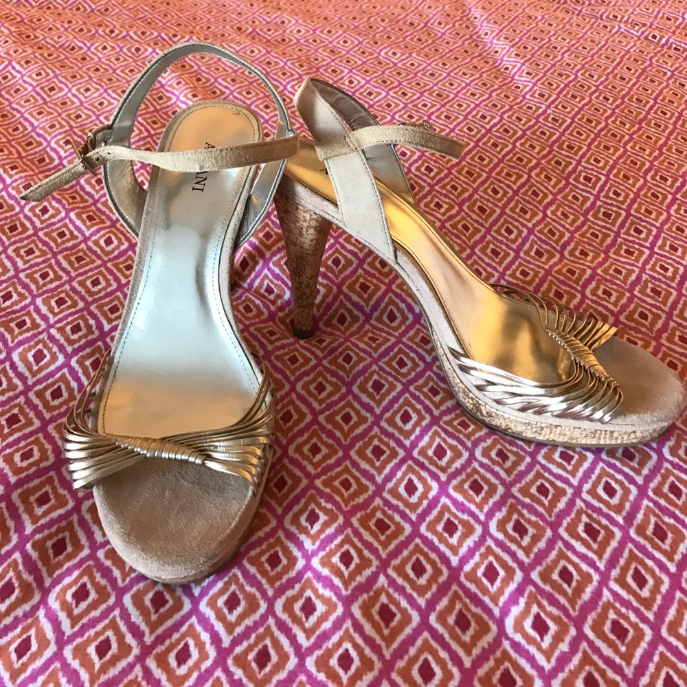 Alfani corks heel tan and gold .