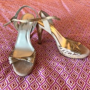 Alfani corks heel tan and gold .