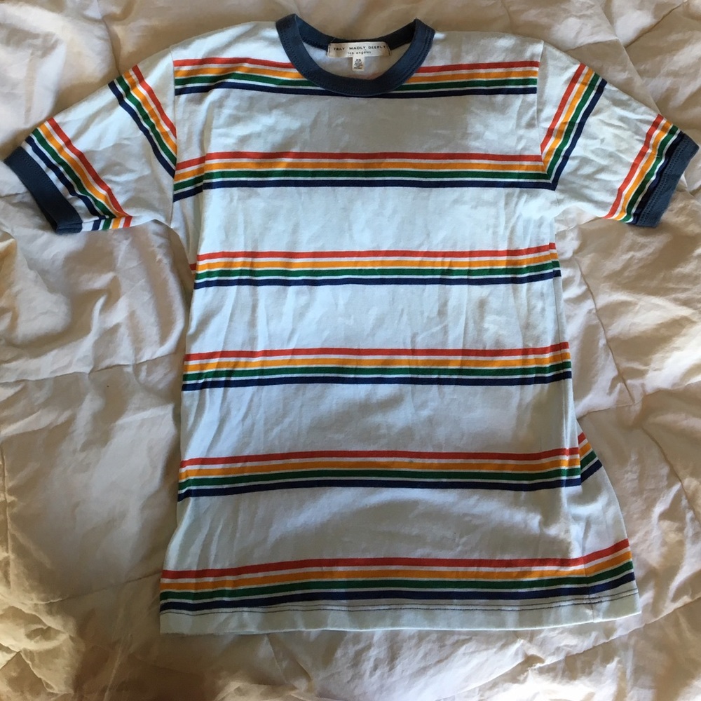 TRULY MADLY DEEPLY STRIPED RAINBOW RINGER TEE