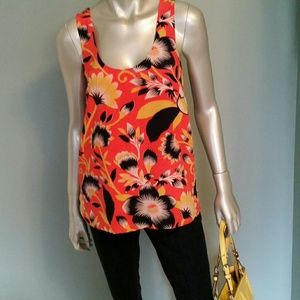 Racer Back Silk Tank Coral and Navy Floral Print