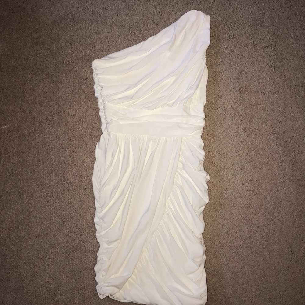 White ruched one shoulder dress.