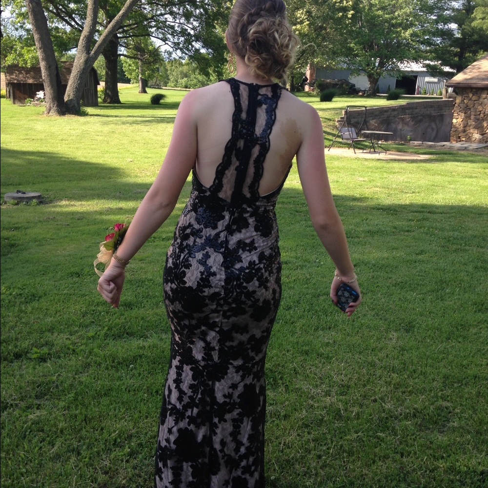 Prom dress. Black lace over nude size 7.