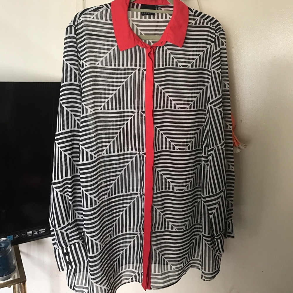 Sheer black and white and red blouse
