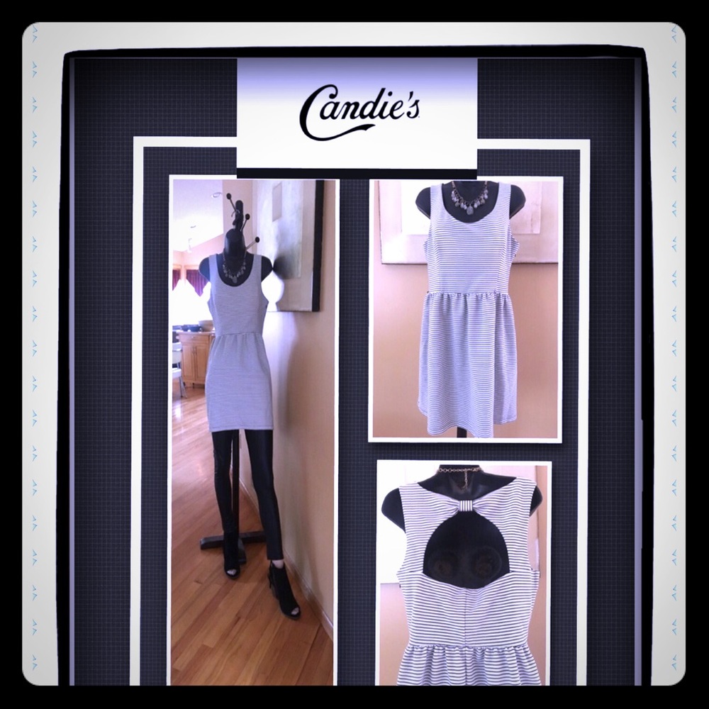 Candies, black/white pinstripe dress. Sexy back.