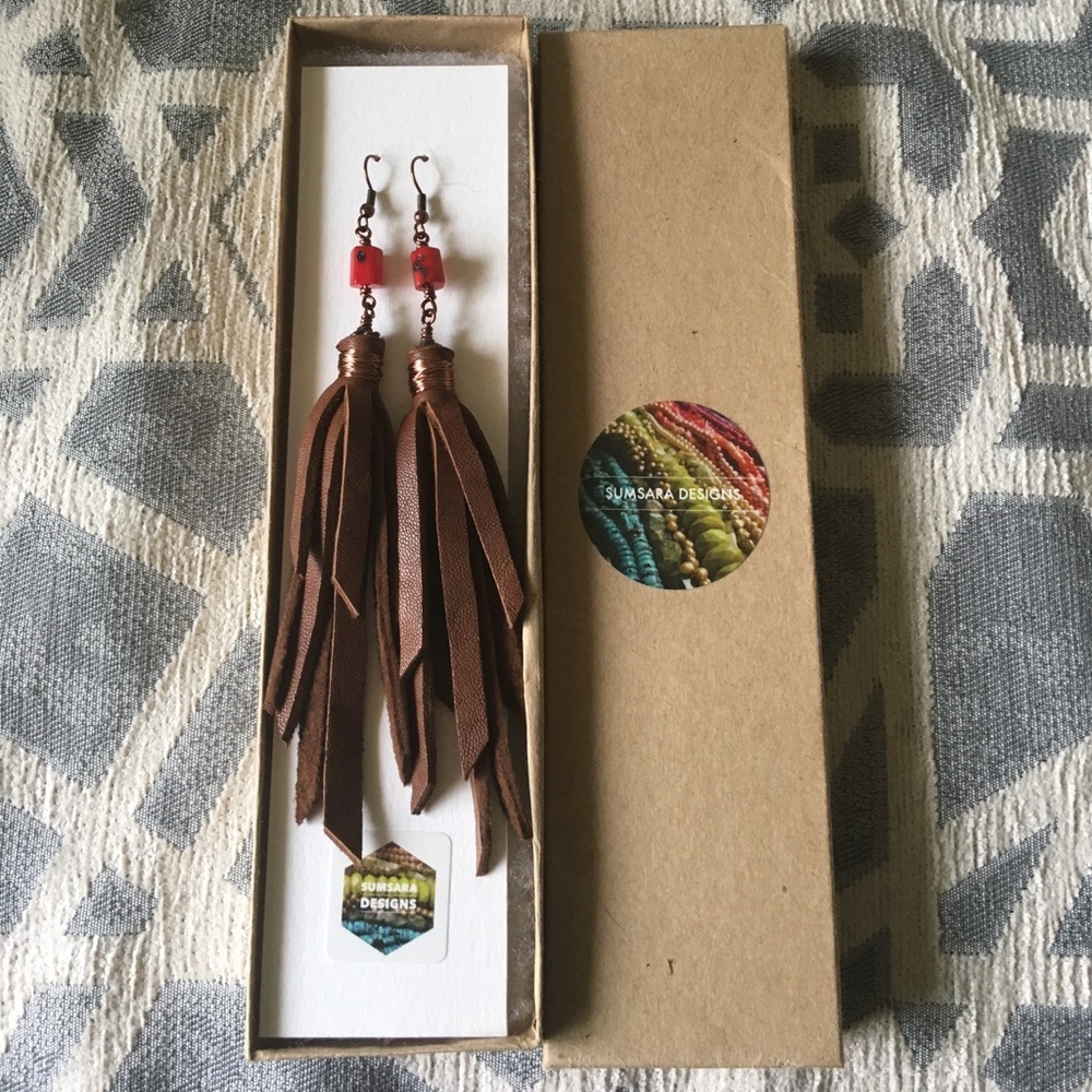 Handmade Coral and Leather Tassel Copper Earrings