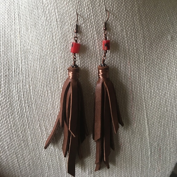 Handmade Coral and Leather Tassel Copper Earrings - Picture 2 of 3