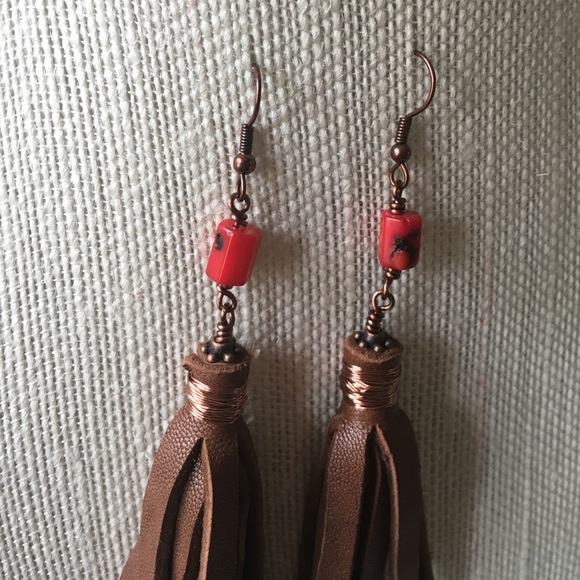 Handmade Coral and Leather Tassel Copper Earrings - Picture 3 of 3