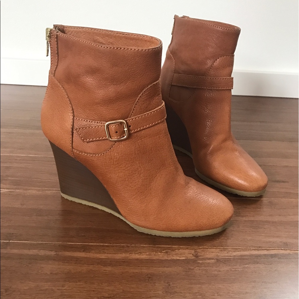 J Crew Cognac Leather Wedge Booties