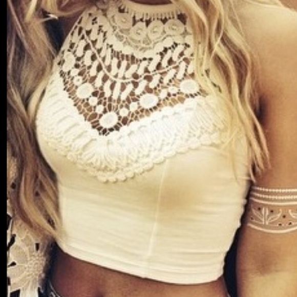 LF Tops - Beige Crochet Crop Top