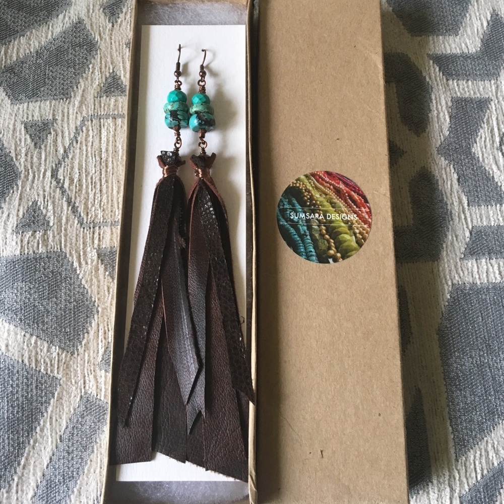 Handmade Turquoise and Leather Fringe Earrings