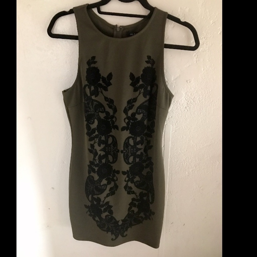 Olive Green & Black Embroidered Tank Dress