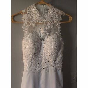 All white, open back, long lace prom dress!!