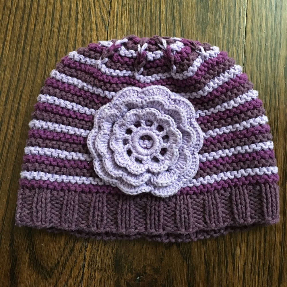 Girls knit purple hat with embroidered flower