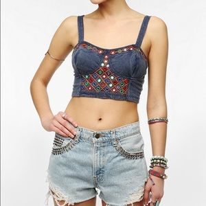 UO ecote denim embellished mirror crop top