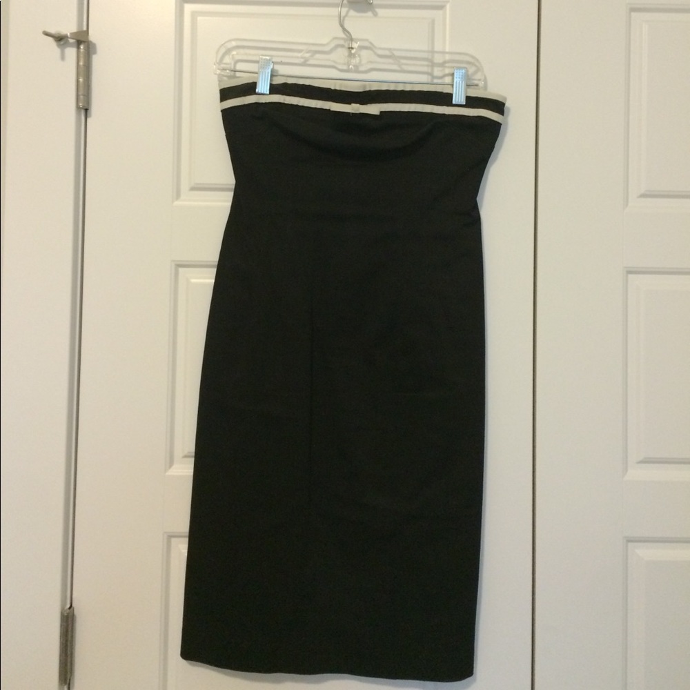 Black strapless dress with white ribbon accent