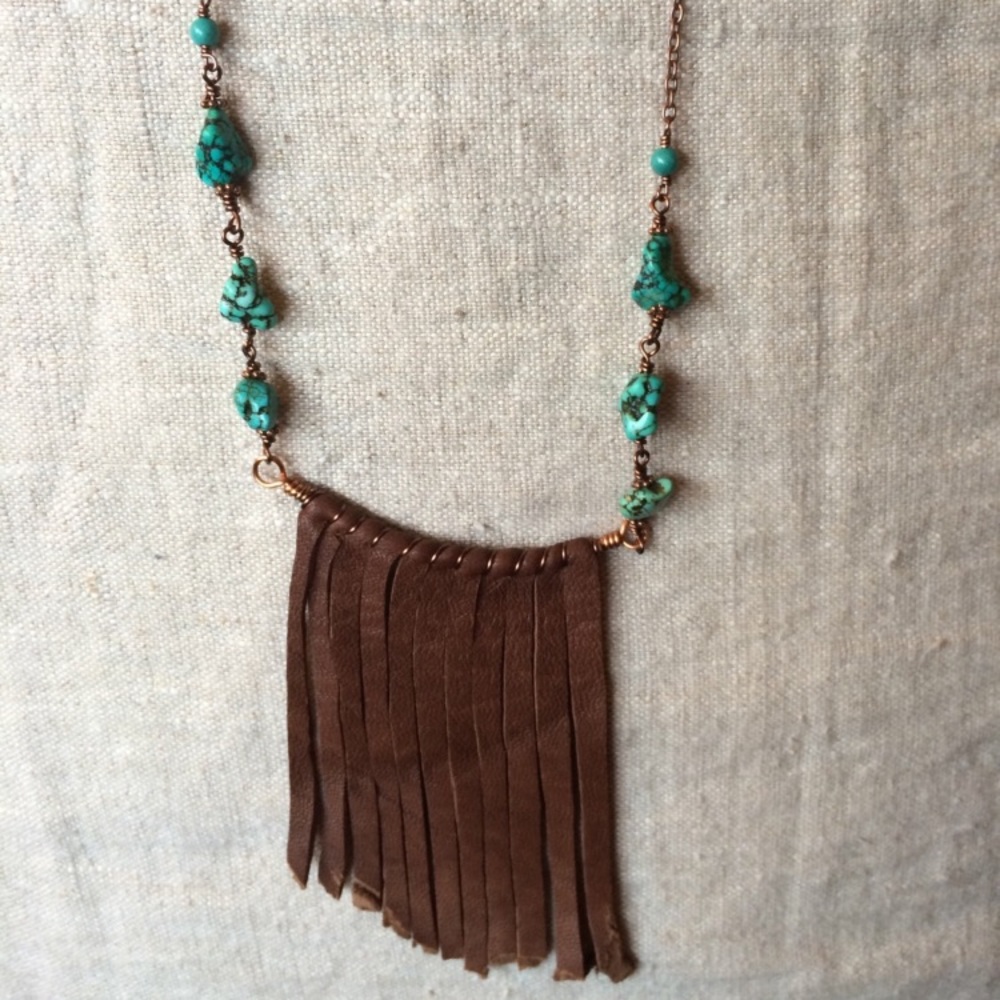 Handmade Leather Fringe and Turquoise Necklace