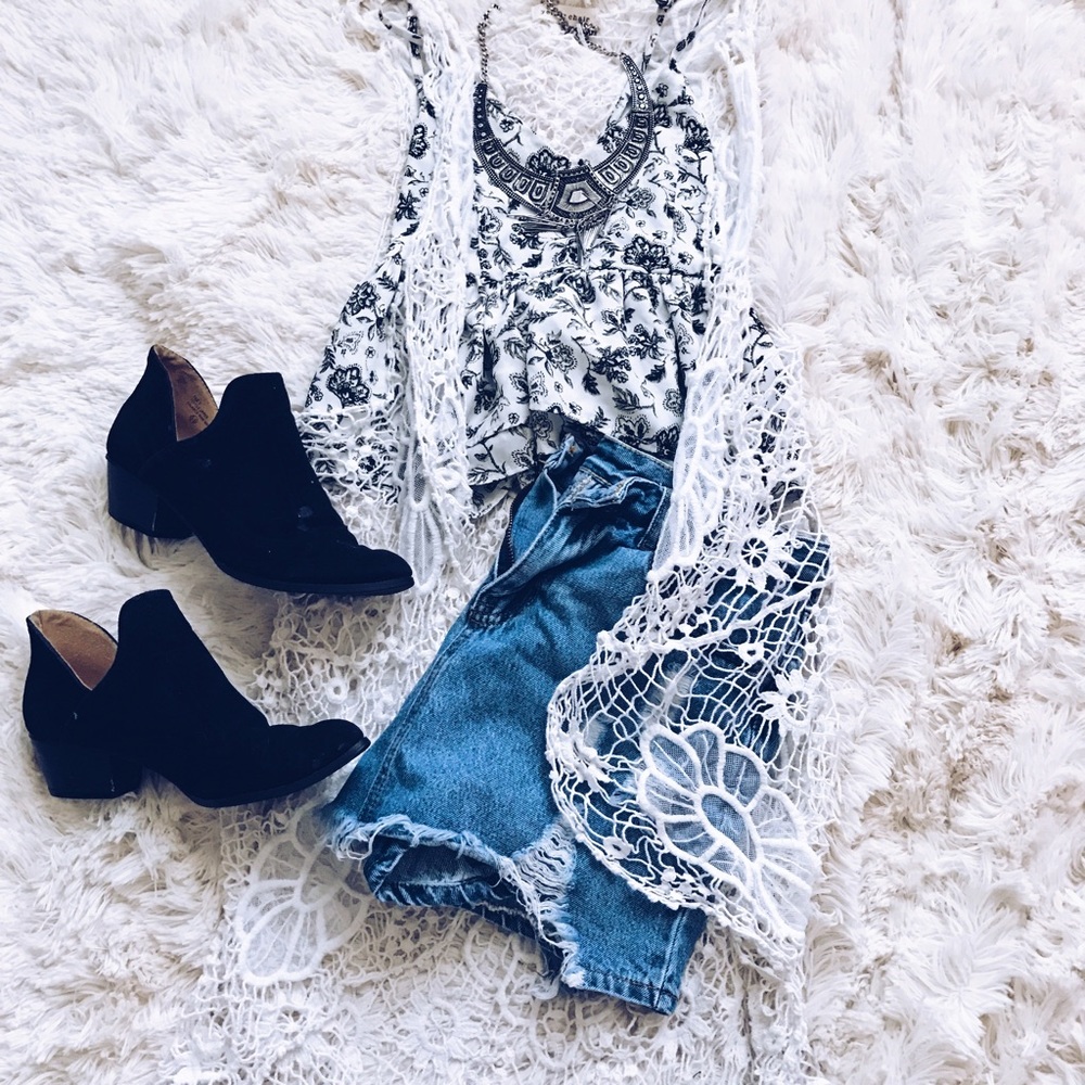 Long Crochet Sleeveless Open Front Cardigan