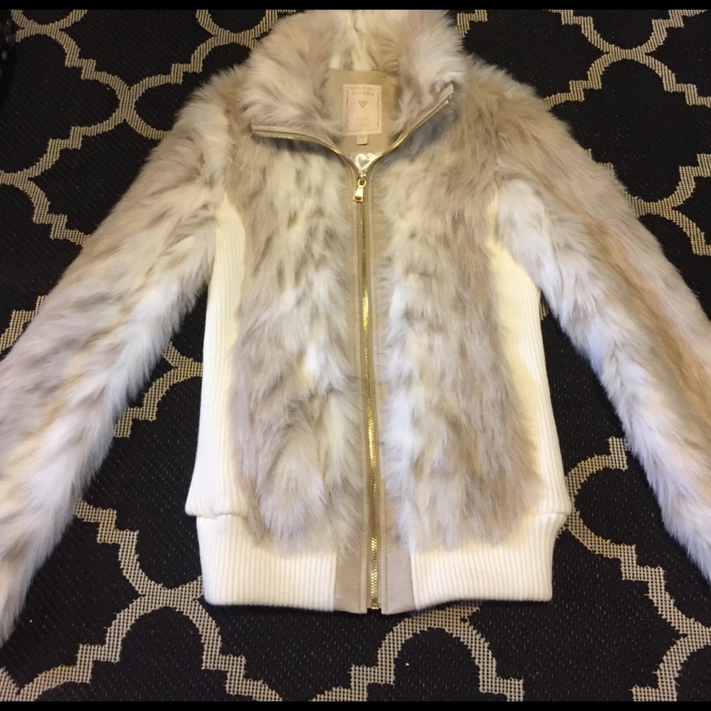Guess faux fur zip-up sweater jacket