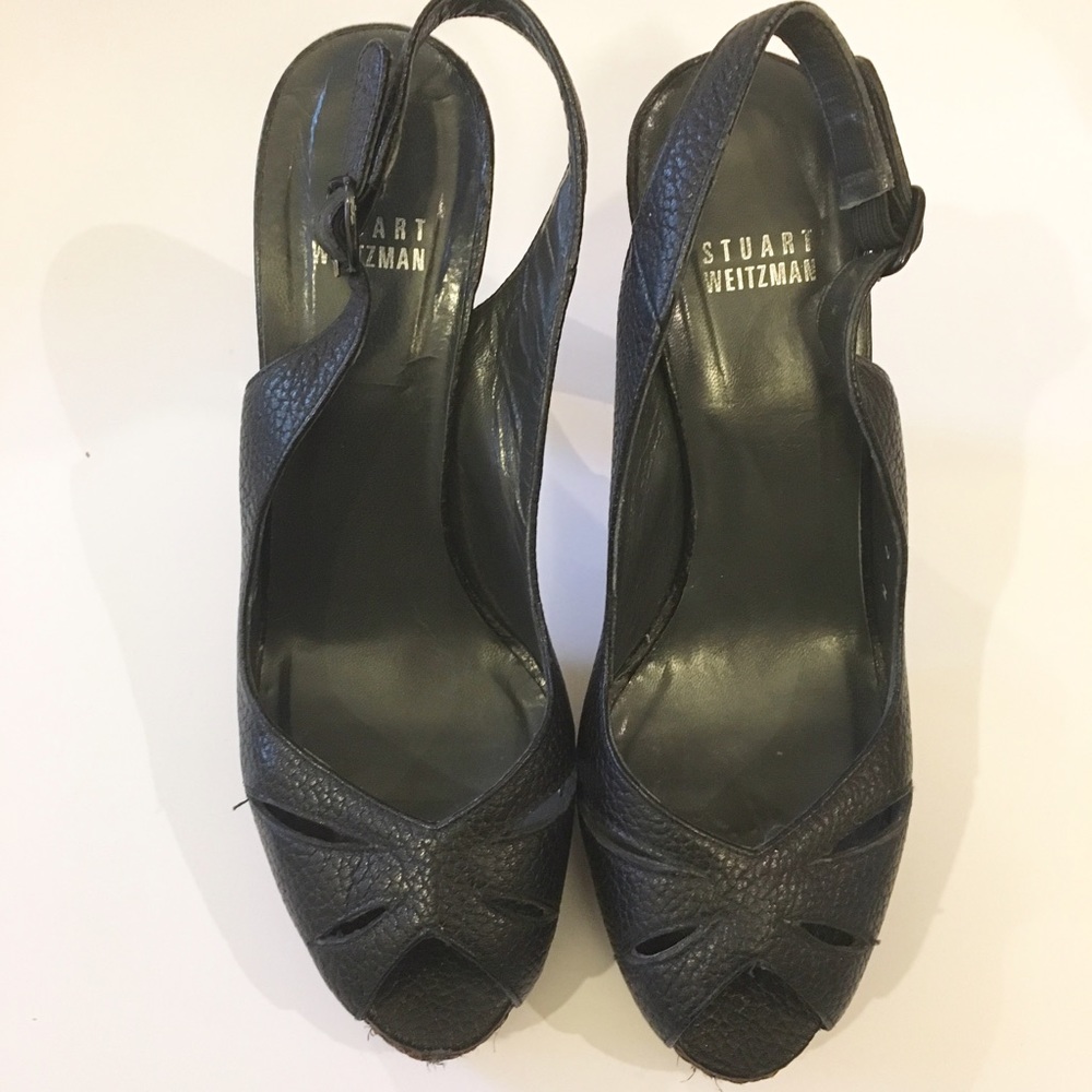 Stuart Weitzman black leather peep toe heels - Picture 2 of 8