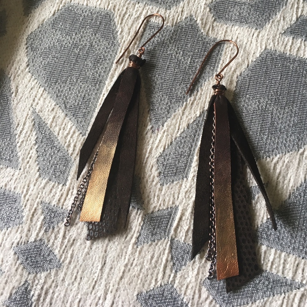 Handmade Leather Fringe and Copper Earrings