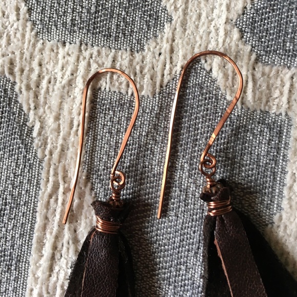 Handmade Leather Fringe and Copper Earrings - Picture 4 of 6