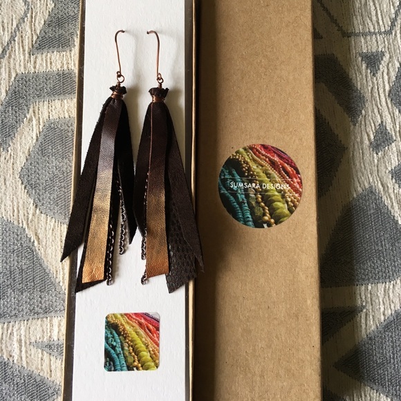 Handmade Leather Fringe and Copper Earrings - Picture 5 of 6