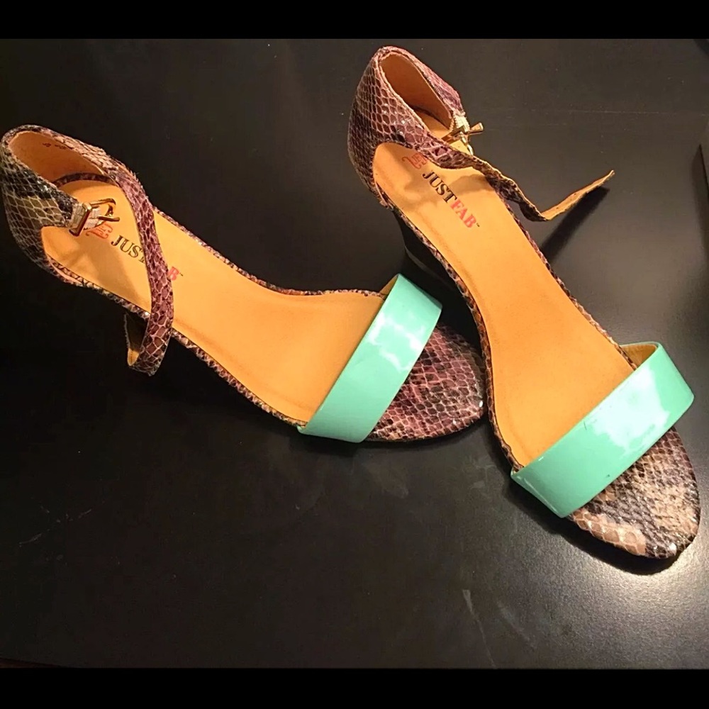 Just Fab Mint and Snakeskin Wedge Sandals.