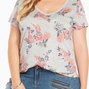 Torrid Grey Floral V Neck Tee
