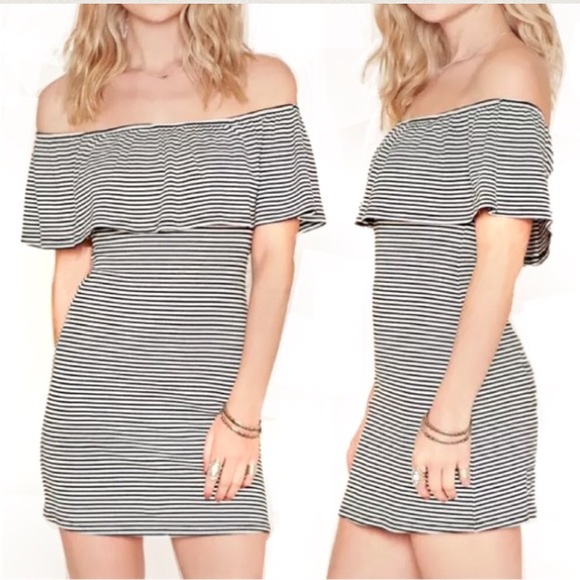 STRIPED Off-the-Shoulder Black White Mini DRESS - Picture 2 of 4