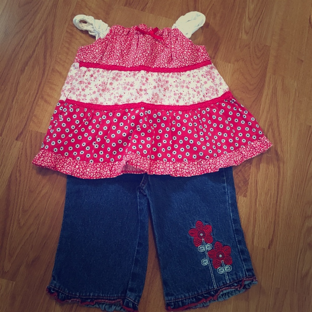 Adorable tiered sun top and embroidered jeans