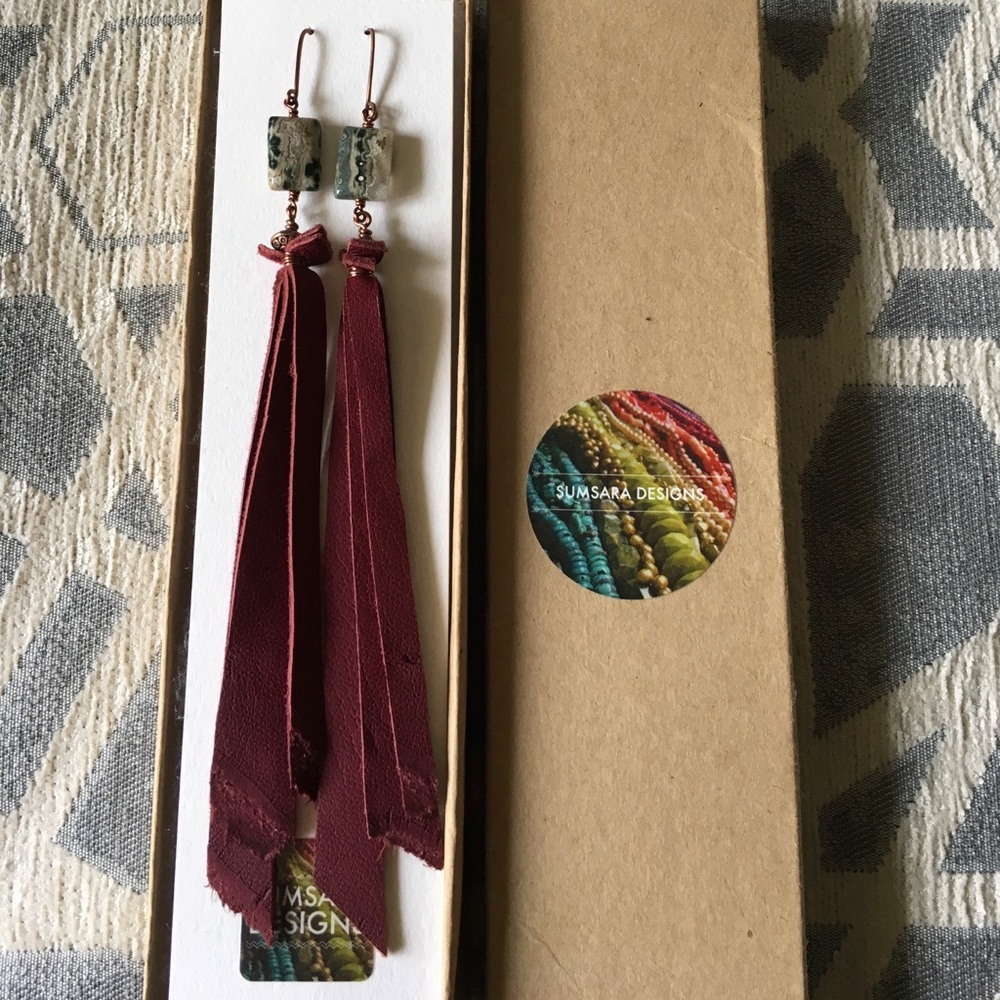 Handmade Leather Fringe and Ocean Jasper Earrings