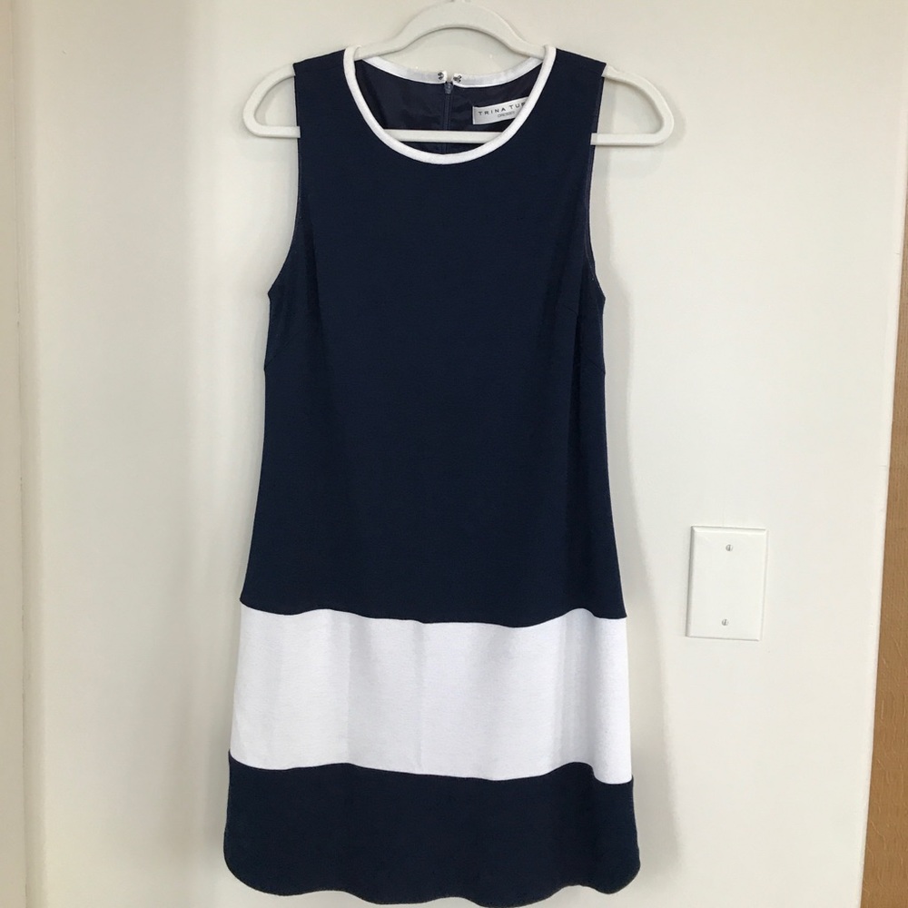 Navy dress with white band.  Stretchy and comfy!