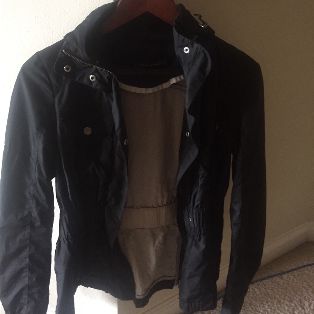 black Zara raincoat cinched waist