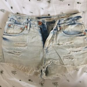 High waisted distressed acid washed denim shorts