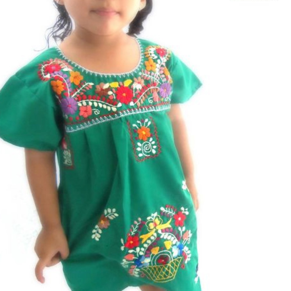 Girls Mexican Dress Floral Embroidered Green