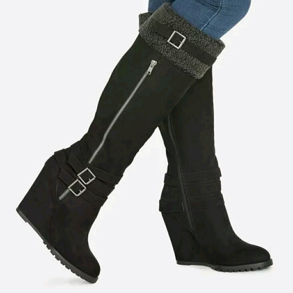Tall black wedge boots zip up size 8 NEW