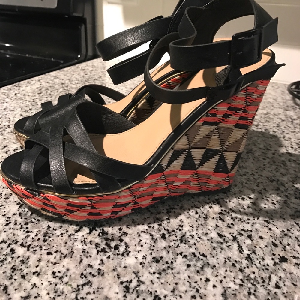Adorable wedge black, coral and tan sandals